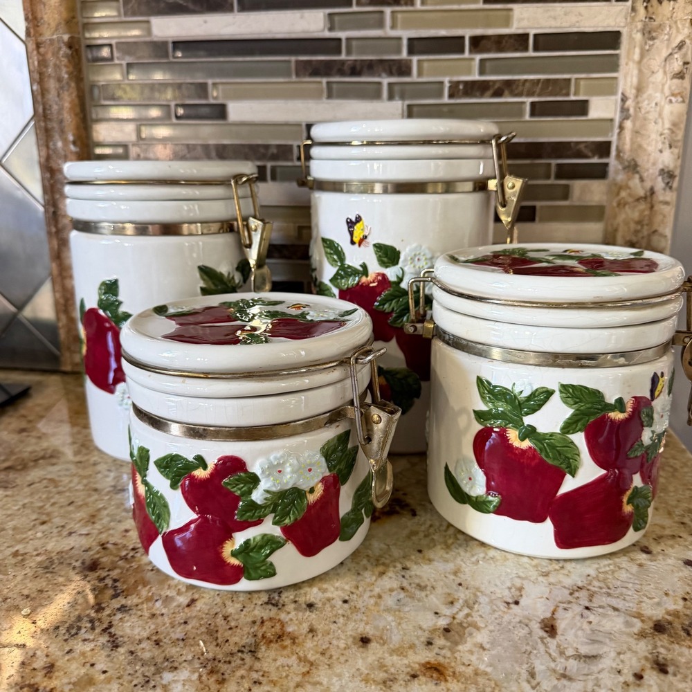 Vintage 4 Piece Ceramic Apple Canister Set with Airtight Metal Locking Lids